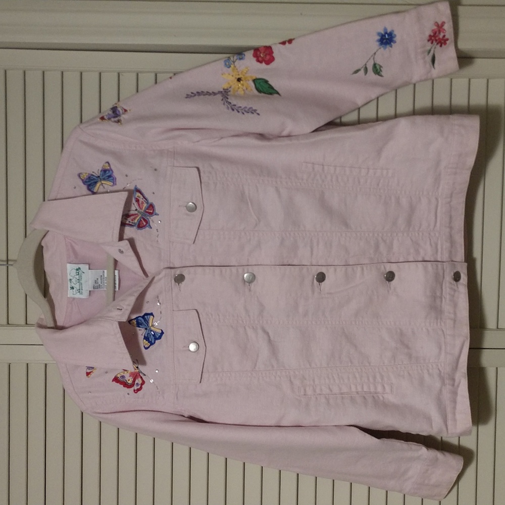Quacker Factory Pink Butterfly Embroidered Linen Blend Jacket Size Small